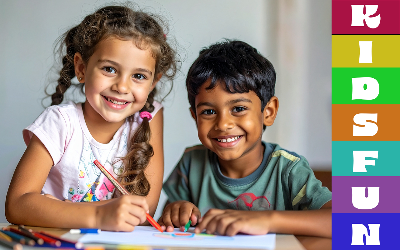 In de lucht gestoken kinderhandjes met verf